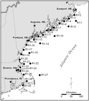 Map of anticipated coastal monitoring points in New England