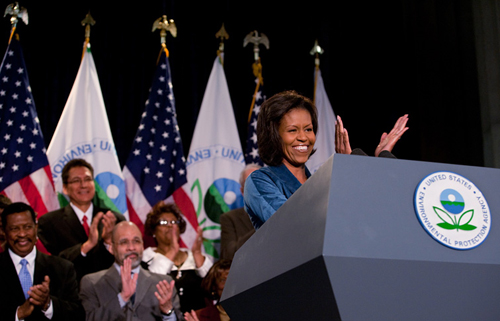 First Lady Michelle Obama applauds the employees of the EPA