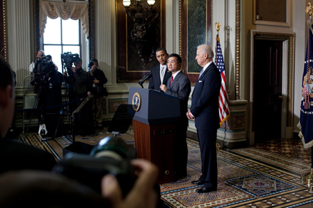 Commerce Secretary-designate Gary Locke, with the President and Vice Presidnet