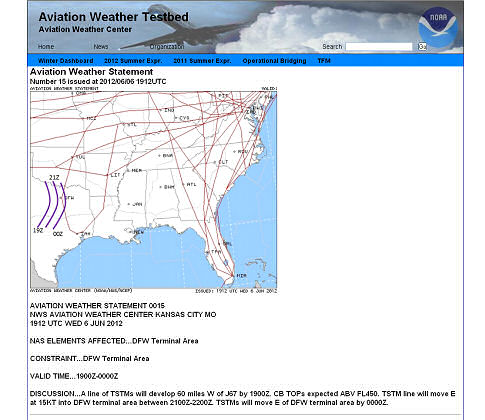 Figure 2. An example of an Aviation Weather Statement (AWS) describing convection approaching DFW on June 6, 2012.
