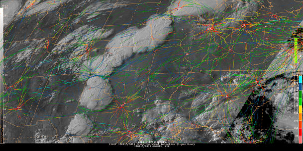 Figure 3. An example of the satellite-derived overshooting tops detection (yellow) and real-time aircraft movement at 0055 UTC June 15, 2012.
