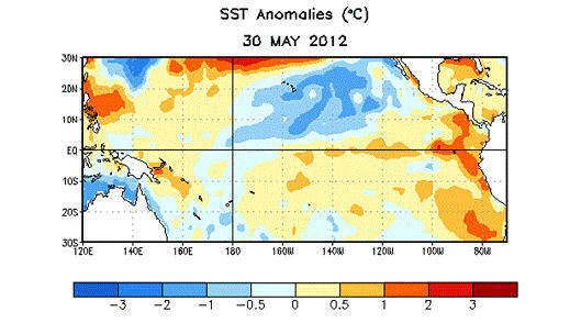 Average sea surface temperature (SST) anomalies (°C) for the week centered on 30 May 2012.  Anomalies are computed with respect to the 1981-2010 base period weekly means.
