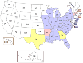 Map of the United States showing the 27 states and District of Columbia which are covered by the Clean Air Interstate Rule (CAIR)