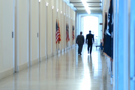 Washington, D.C., March 15, 2007 -- A hall in the House of Representatives' Cannon House office building with two people walking away. 
