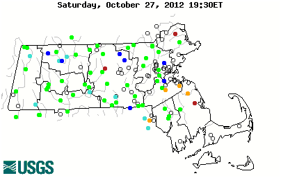 Current streamflow conditions in Massachusetts; click to go to a live map