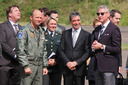 Chief of Cabinet of Minister De Crem, Ludwig Van der Veken; Colonel Aviator Fred Vansina, Base Commander of the 10 Tactical Wing at Kleine Brogel; Charlotte Wetche, Military Assistant to the NATO Secretary General; NATO Secretary General Anders Fogh Rasmussen and Belgian Defence Minister Pieter De Crem at the Belgian Air Force Base at Kleine Brogel.
