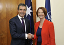 Visit to Canberra, Australia by NATO Secretary General Anders Fogh Rasmussen (left) meeting with Australian Prime Minister the Hon. Julia Gillard (right) at Parliament House