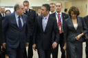 Left to right: Milan Rocen (Minister of Foreign Affairs of the Republic of Montenegro) with NATO Secretary General Anders Fogh Rasmussen and Milica  Pejanovic-Durisic ( Minister of Defence of the Republic of Montenegro) on their way to the North Atlantic Council Meeting Room