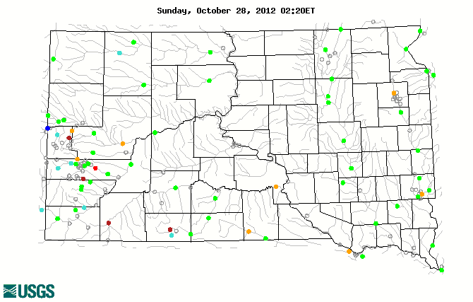 Stream gage levels in South Dakota, relative to 30 year average.