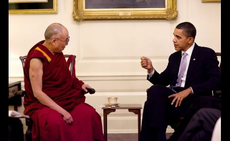 President Barack Obama meets with His Holiness the Dalai Lama in the Map Room of the White House