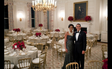 President Barack Obama and First Lady Michelle Obama pose in the State Dining Room of the White House before the Governors dinner, Feb. 22, 2009.  (Official White House Photo by Pete Souza)