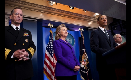 President Barack Obama announces the New START Treaty in the Brady Briefing Room of the White House, March 26, 2010.  He is joined by, from left, Admiral Mike Mullen, Secretary of State Hillary Clinton, and Secretary of Defense Robert Gates. (Official White House Photo by Pete Souza)
