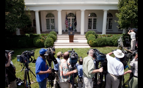 President Barack Obama walks to the podium for a statement to the media in the Rose Garden in the White House, Aug. 7, 2009. (Official White House Photo by Samantha Appleton)