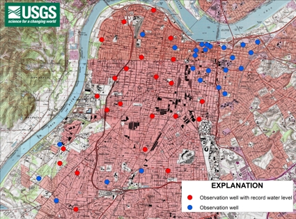 map of the monioting wells in downtown Louisville