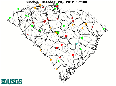Current streamflow conditions in South Carolina; click to go to a live map.