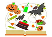 Pumpkin, bat, cupcake, cake flying on top of a book