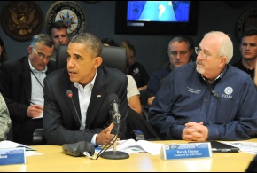 President Obama receives a briefing at FEMA's National Response Coordination Center.