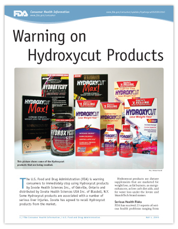 PDF of Consumer Update on the recall of Hydroxycut products including a photo of some of the recalled products.