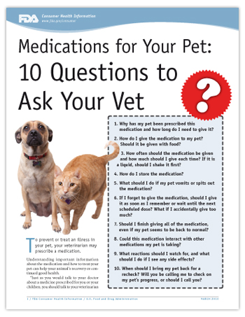 Consumer Update graphic of "Medications for Your Pet: 10 Questions to Ask Your Vet" PDF, including photo of a dog and cat.