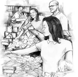 Ilustración de una mujer haciendo compras en el mercado