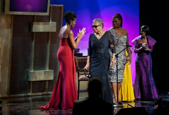 First Lady Michelle Obama applauds Maya Angelo during the BET Awards ceremony