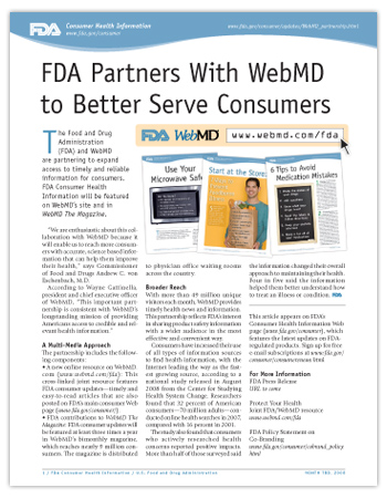 PDF Cover image - FDA Partners With WebMD to Better Serve Consumers. Click on the image to view the PDF.