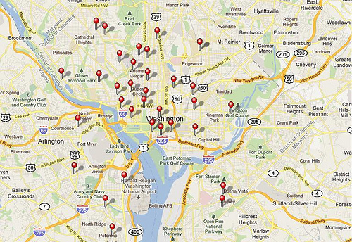 The USDA National Farmers Market Directory can show where farmers markets are located, like in this map of Washington, DC 