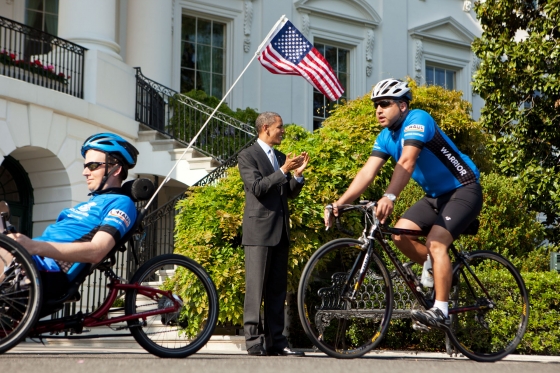President Barack Obama cheers for the Wounded Warrior Soldier Ride