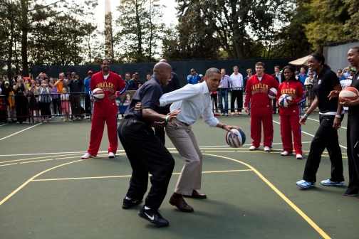 President Barack Obama Participates In A Basketball Drill