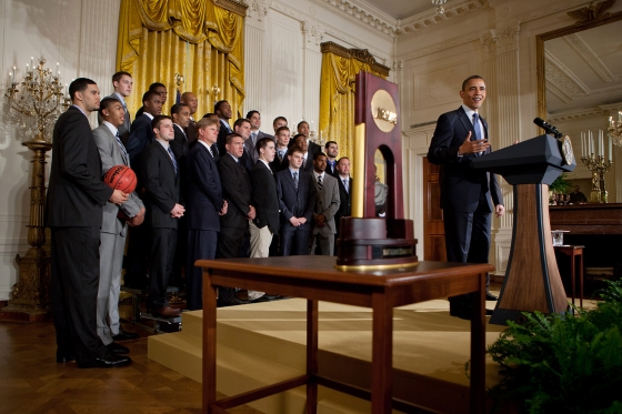 President Barack Obama welcomes the University of Kentucky men’s Wildcats basketball team to the East Room 