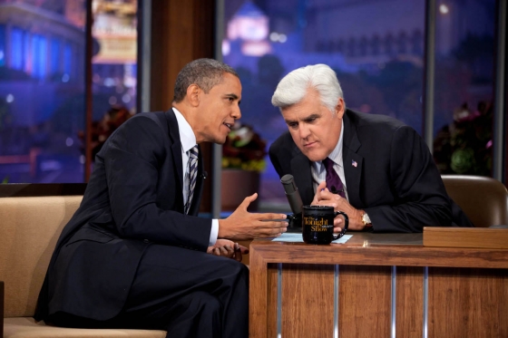 President Barack Obama talks with Jay Leno