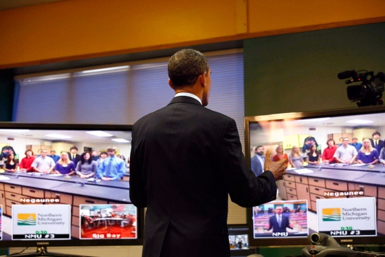 President Obama Teleconferences With Students in Michigan