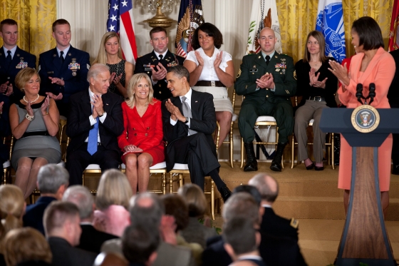 President Barack Obama, First Lady Michelle Obama, and Vice President Joe Biden acknowledge Dr. Jill Biden during the launch of the Joining Forces