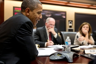 President Barack Obama participates in a conference call with electric utility executives to discuss the restoration of power for those who lost electricity during Hurrican Sandy, in the Situation Room of the White House, Oct. 30, 2012. John Brennan, Assistant to the President for Homeland Security and Counterterrorism, and Alyssa Mastromonaco, Deputy Chief of Staff for Ops, listen at right. (Official White House Photo by Pete Souza)