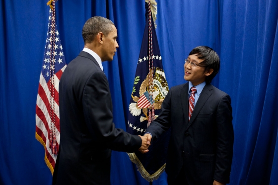 President Barack Obama greets University of Maryland Student Body President Kaiyi Xie