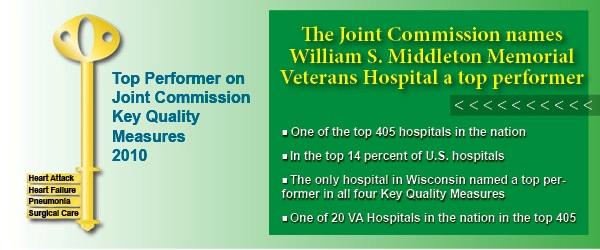 Joint Commission names William S. Middleton Memorial Veterans Hospital a top performer in 4 key quality measures: heart attack, heart failure, pneumonia and surgical care.  Picture of joint commission logo: a gold key.