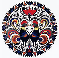 Circular papercut of two roosters