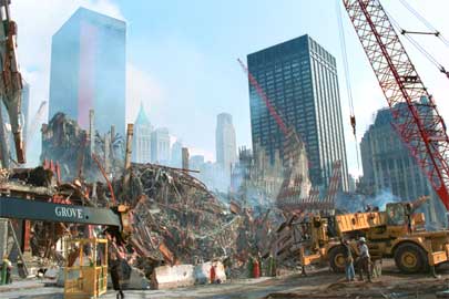 A view of the debris field from the collapsed Twin Towers.