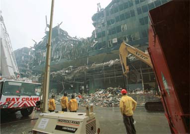 A view of the damage from the side of the NYC Customhouse, building six of the WTC.