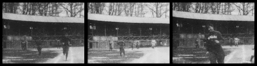 Frames from an early motion picture about a baseball game.