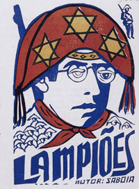 Lampiões chapbook cover: block-print image of a man wearing a traditional hat