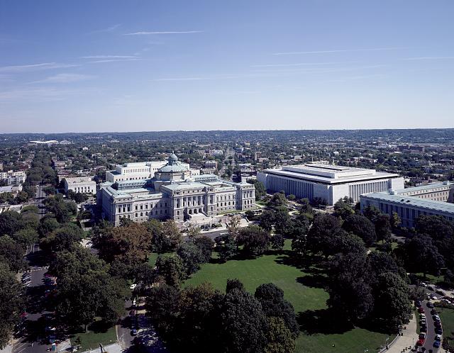 Aerial view of Washington, D.C. from the U.S. Capitol Dome, showing two Library of Congress buildings: the Thomas Jefferson Building (left) and the James Madison Building