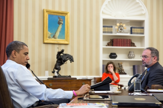 President Obama receives an update on the ongoing response to Hurricane Sandy (October 26, 2012)