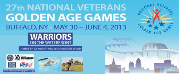 National Veterans Golden Age Games logo Warriors on the Waterfront logo photo of Veteran on bicyle and Veteran swimming logos of other organizations hosting the Games including Veterans Canteen Service VHA Health Care
