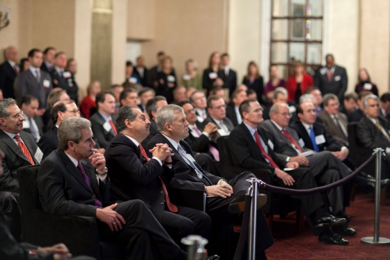Business Leaders at watch President Obama Address the Business Roundtable