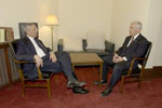 Senator Lugar meeting with Secretary of State Colin Powell before Secretary Powell testifies in front of the Foreign Relations Committee.