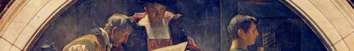 detail of a historical painting of men looking at a manuscript