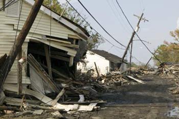 Damage to homes and property in New Orleans due to Hurricane Katrina, 2005.