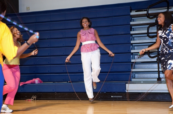 First Lady Michelle Obama jumps rope during a President's Council on Physical Fitness, Sports and Nutrition event
