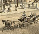 Man and woman being transported in a coach being pulled by two horses